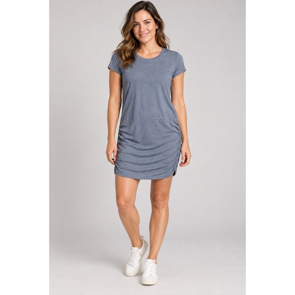 Athleta Santorini Ruched Dress Heathered Blue Short Sleeve Casual S 439157